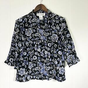 Vintage Dress For Sucess 100% Silk Floral Button Up Blouse Top Women's Medium